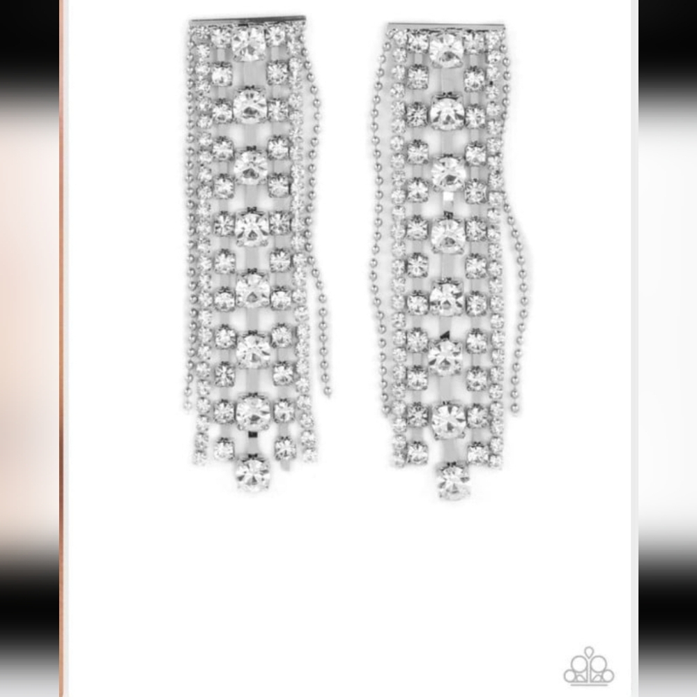 Starry Streamers White Paparazzi Silver Crystal Dangle Post Earrings Fashion - Picture 3 of 6